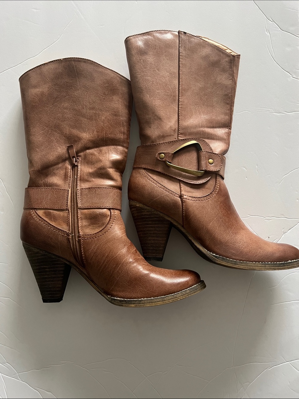 Very Volatile Brown Mid-Calf Heeled Boots with Buckle